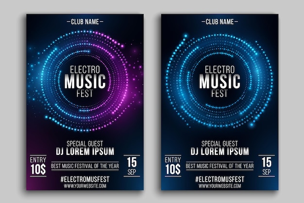 Folletos del festival de música electro Diseño de carteles de fiesta Elegante pancarta digital de puntos brillantes Anillo vibrante de energía Invitación a eventos musicales Ilustración vectorial EPS 10