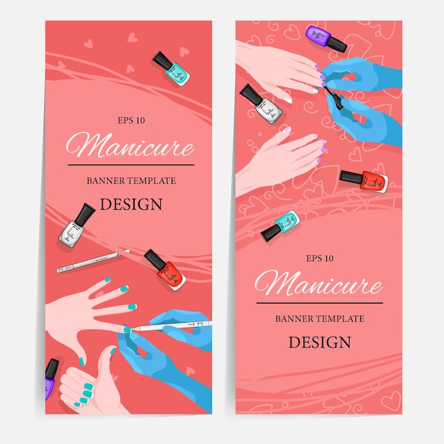 Folletos con flatlay de manicura y plantilla de productos cosméticos para texto Estilo de dibujos animados Ilustración vectorial