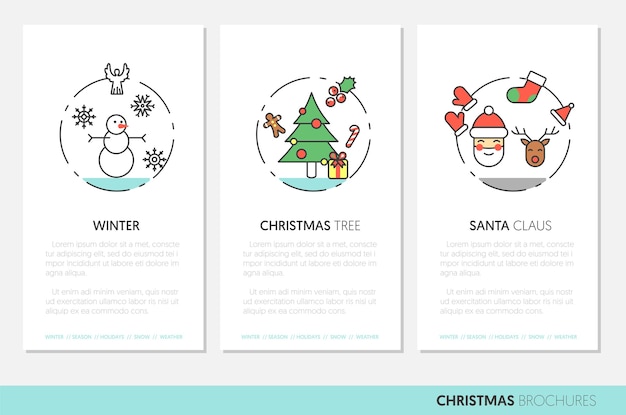 Folletos de líneas finas de feliz navidad con iconos de vacaciones de invierno santa muñeco de nieve y árbol de navidad