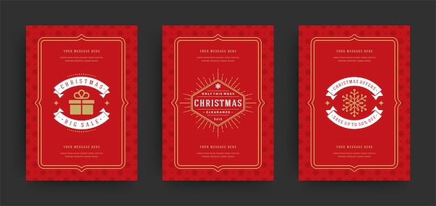 Folletos o pancartas de venta navideña diseño conjunto ofertas de descuento y copos de nieve fondo de patrón con decoración ornamentada