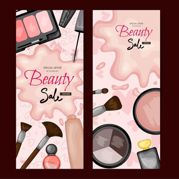 Folletos con productos cosméticos, plantilla de texto. Estilo de dibujos animados. Ilustración vectorial.