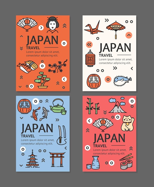 Folletos de viaje de japón banners de placrad set vector