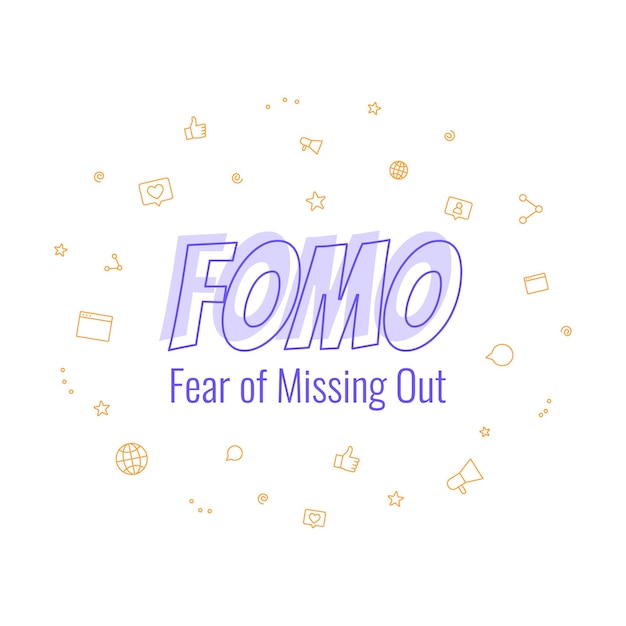 FOMO Fear of Missing Out banner de texto Salud mental y problemas psicológicos modernos e inseguridades