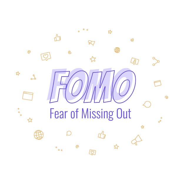 Vector fomo fear of missing out banner de texto salud mental y problemas psicológicos modernos e inseguridades