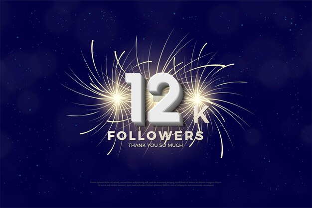Fondo de 12k seguidores con números 3D y fuegos artificiales detrás