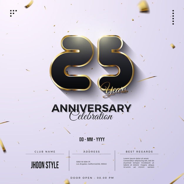 Fondo del 25 aniversario con números negros y trazos dorados.