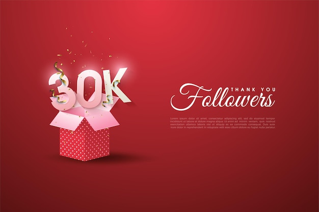 Fondo de 30k seguidores con números ilustrados que salen de la caja de regalo.