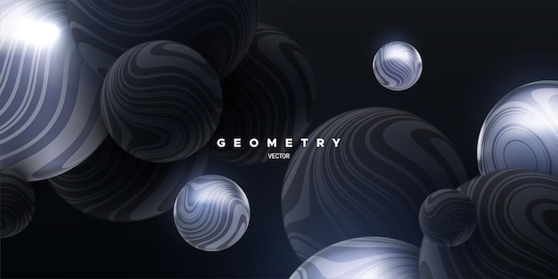 Fondo 3d abstracto con esferas de rebote de mármol negro y plateado