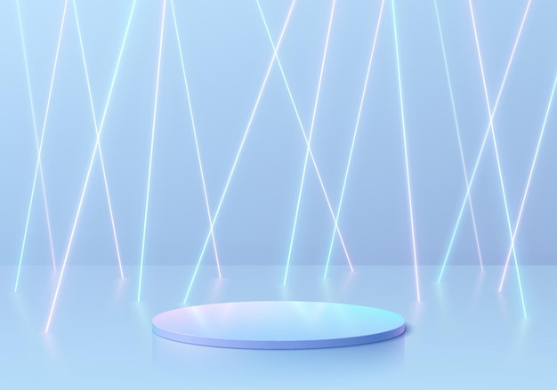 Fondo 3D azul abstracto con podio de pedestal cilíndrico realista Superposición de línea de luz de neón vertical