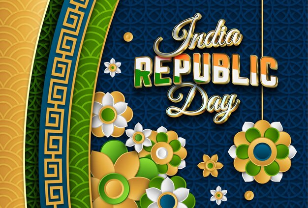 Fondo 3d del día de la república de la india con efecto de texto editable de estilo asiático vectores premium