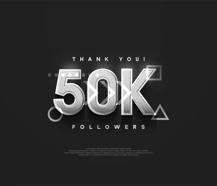 Vector fondo de 50k seguidores gracias con números metálicos plateados fondo de vector premium para diseño de celebración de logros