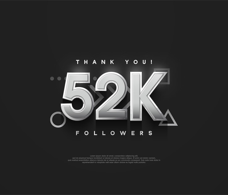 Vector fondo de 52k seguidores gracias con números metálicos plateados