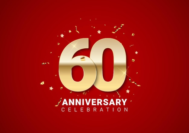 Fondo de 60 aniversario con números dorados, confeti, estrellas sobre fondo rojo brillante de vacaciones. Ilustración vectorial EPS10