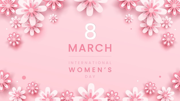 Fondo de 8 de marzo Decoraciones florales del día internacional de la mujer en estilo de arte de papel con marco de flores Tarjeta de felicitación en tono rosa pastel Ilustración vectorial