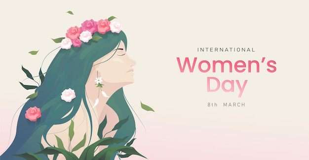 Fondo de 8 de marzo Día internacional de la mujer feliz Arte de retrato de mujer con flores rosas y hojas en la naturaleza Ilustración vectorial