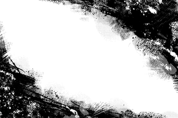 Fondo abstractamente dibujado a mano con salpicaduras de tinta y semitonos Diseño de banner desordenado Angustia textura negra Diseño gráfico retro