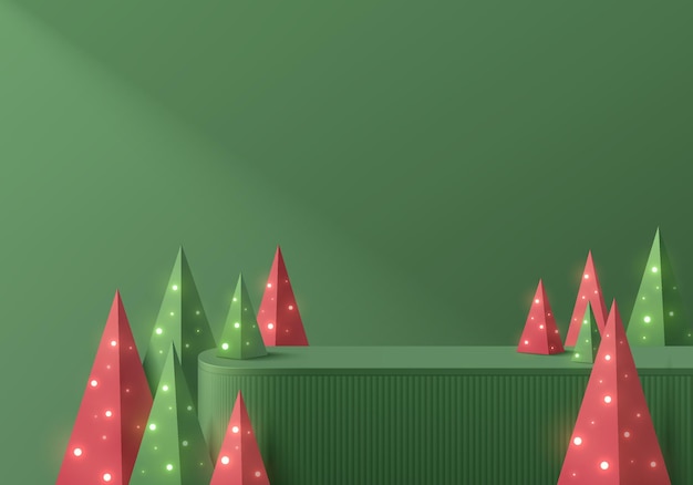 Fondo abstracto 3D con podio de soporte de producto verde realista Luz de Navidad en árbol verde rojo