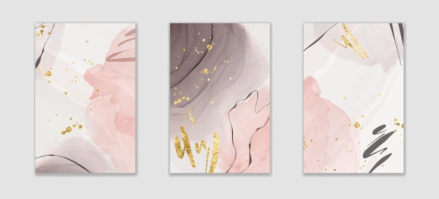 Fondo abstracto acuarela líquida rosa y gris con pinceladas y líneas de brillo dorado. Elegante efecto de dibujo de tinta de alcohol mármol fluido con manchas doradas. Ilustración de vector en colores tierra.