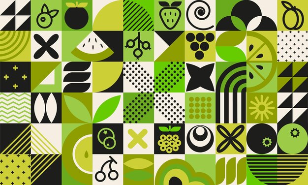 Fondo abstracto de alimentos agrícolas orgánicos y figuras simples en el estilo geométrico de Bauhaus