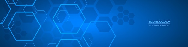 Fondo abstracto ancho azul oscuro de tecnología con elementos hexagonales banner horizontal azul marino médico hexágono abstracto