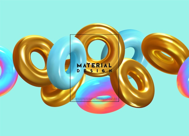 Fondo abstracto con anillo tor 3d geométrico realista, formas de donut. ilustración vectorial