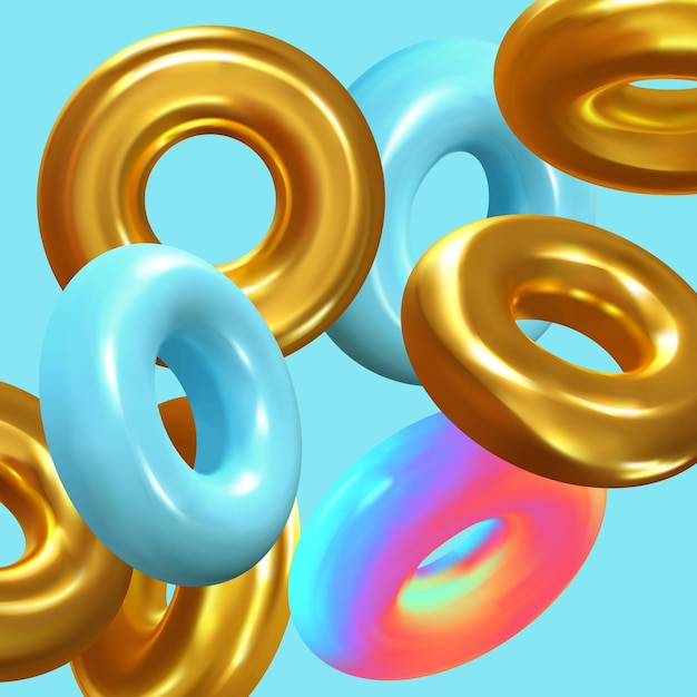 Fondo abstracto con anillo tor 3d geométrico realista, formas de donut. ilustración vectorial