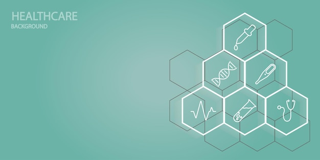 Fondo abstracto de atención médica con signos médicos en hexágonos