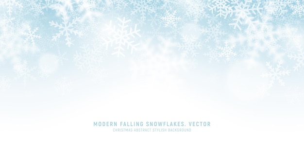 Fondo abstracto azul claro moderno de los copos de nieve que caen del vector elegante. Borde de Navidad con estilo de nieve blanca suave. Decoración de temporada de invierno Nevadas y efecto de ventisca Papel tapiz de arte con clase vacío ancho