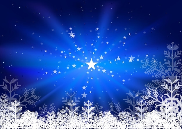 Fondo abstracto azul con rayos de luz con estrellas y nieve decorativa creada a partir de copos de nieve