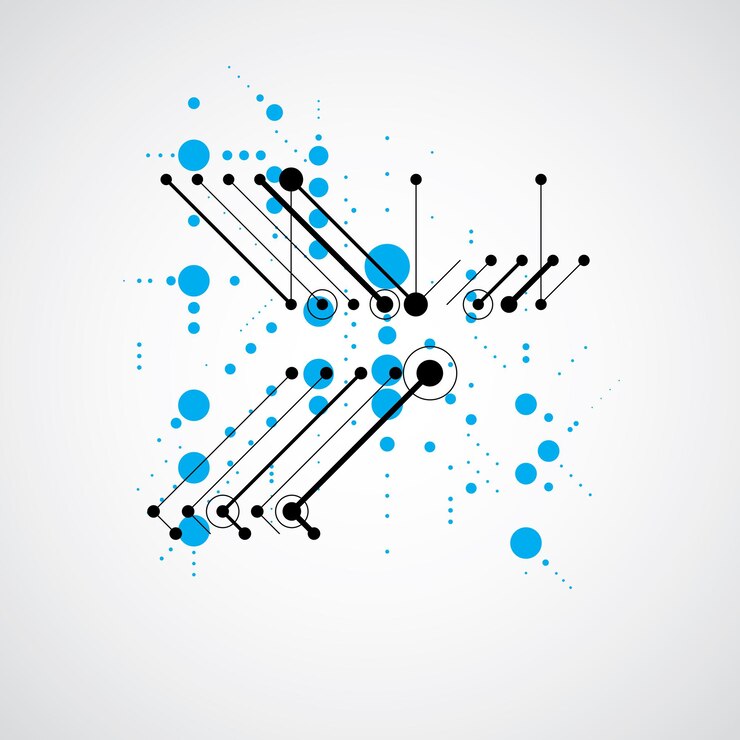 Vector fondo abstracto azul vector bauhaus hecho con cuadrícula y elementos geométricos simples superpuestos, círculos y líneas. obra de arte de estilo retro, plantilla gráfica para afiches publicitarios.
