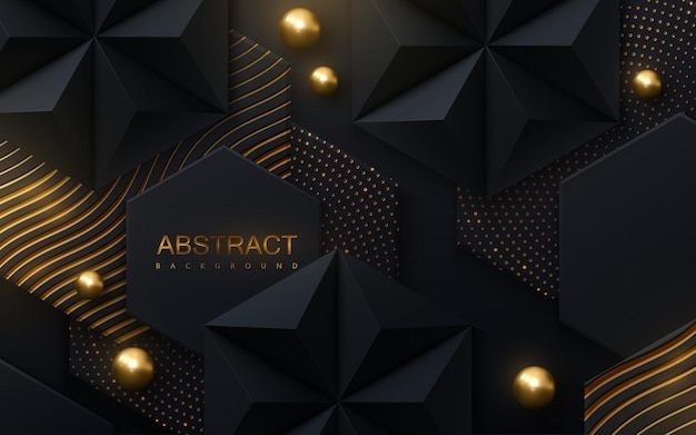 Fondo abstracto de azulejos hexagonales negros texturizados con patrones dorados brillantes
