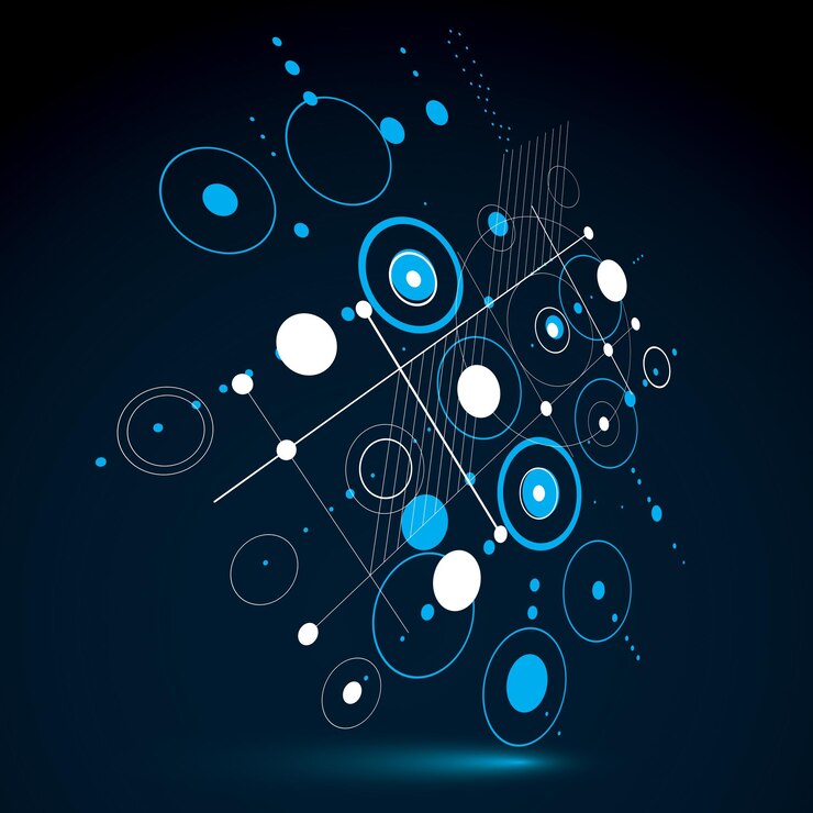 Vector fondo abstracto bauhaus vectorial 3d hecho con cuadrícula y elementos geométricos simples superpuestos, círculos y líneas. obra de arte de estilo retro en color azul, plantilla gráfica para afiches publicitarios.