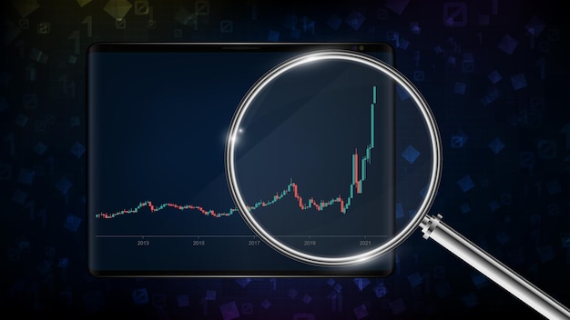 Fondo abstracto de candelabro de gráfico de gráfico de mercado de valores azul rojo verde con lupa en tableta inteligente