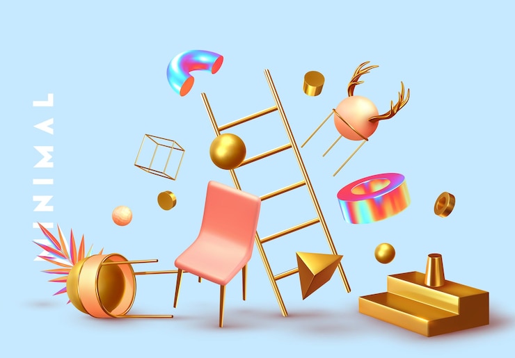 Vector fondo abstracto del caos con objetos 3d. formas geométricas realistas. elementos de diseño de plástico y metal. ilustración vectorial