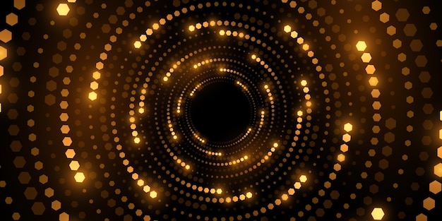 Fondo abstracto de círculos giratorios digitales Patrón de vórtice futurista de puntos hexagonales dorados brillantes Ilustración vectorial