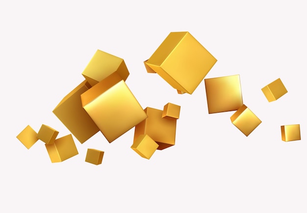 Fondo abstracto con color dorado de cubos 3d. Bloque de objetos geométricos, patrón cuadrado. ilustración vectorial
