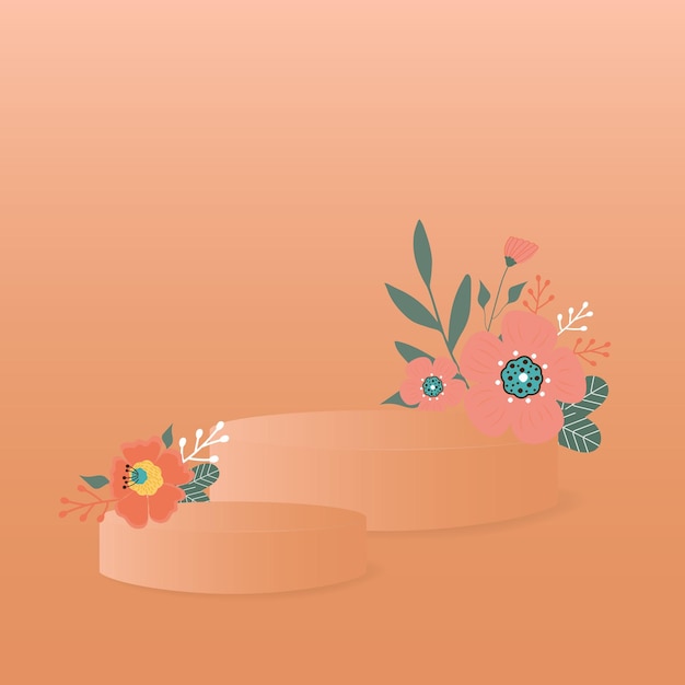 Fondo abstracto en color de moda 2024 Apricot Crush con flores y dos soportes pedestal del podio