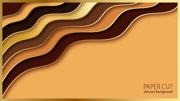 Fondo abstracto de corte de papel. capas onduladas marrones y doradas. ilustración vectorial.