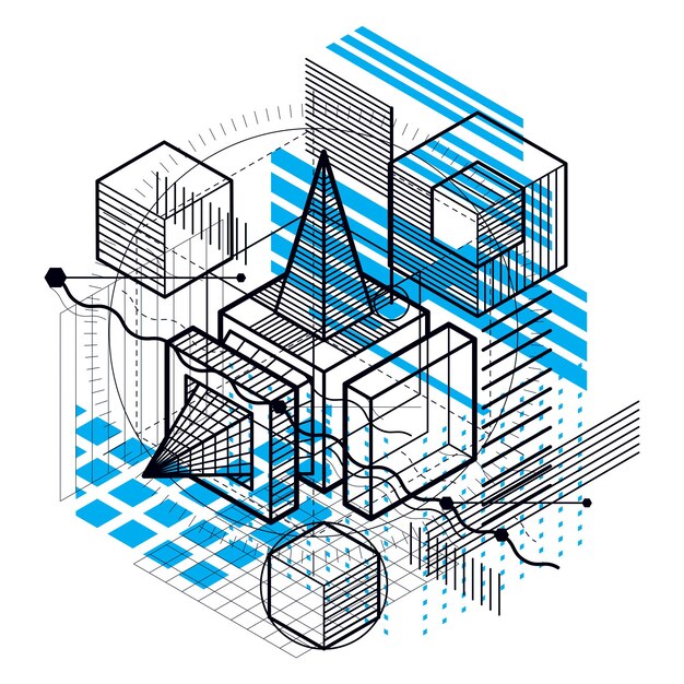 Vector fondo abstracto con elementos isométricos, arte lineal vectorial con líneas y formas. cubos, hexágonos, cuadrados, rectángulos y diferentes elementos abstractos.