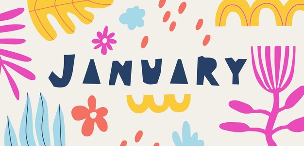 Fondo abstracto de enero con garabatos botánicos Impresión dibujada a mano multicolor vectorial para calendario de banner de diseño