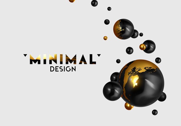 Fondo abstracto con esferas 3d. Bolas grupales realistas de color negro y dorado. diseño minimalista moderno con bolas de levitación. Burbujas brillantes. Banner o afiche de moda, portada. ilustración vectorial