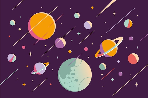 Fondo abstracto del espacio exterior con planetas y estrellas Diseño plano dibujado a mano de ilustración vectorial moderna de moda