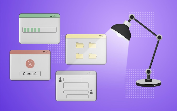 Vector fondo abstracto de estilo antiguo con interfaz de computadora retro y carpetas iluminadas por una lámpara de mesa