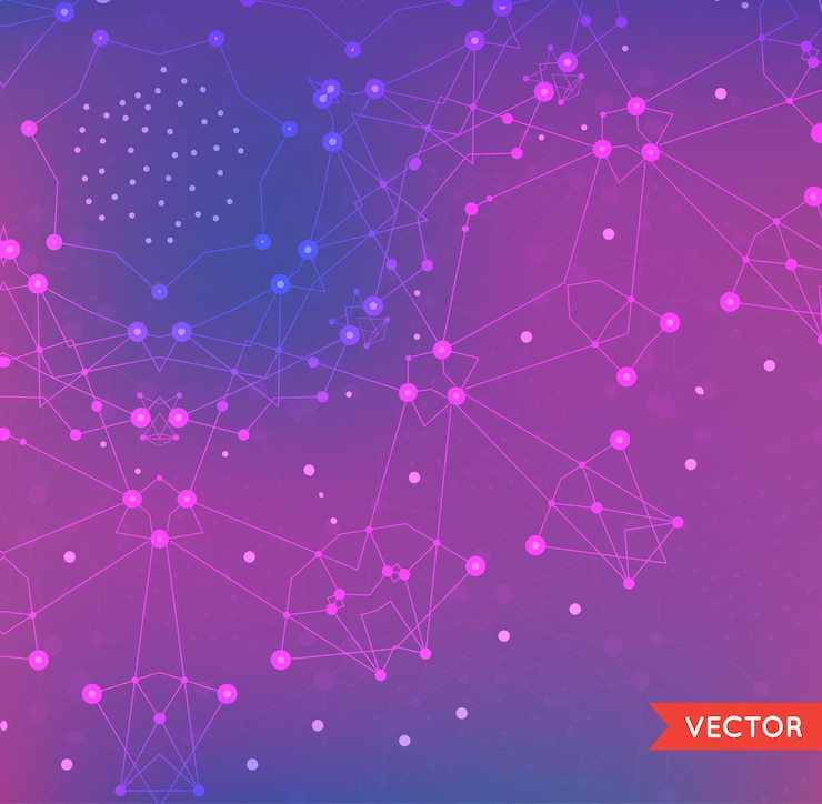 Vector fondo abstracto con estructura de partículas de compuestos químicos y genéticos de la molécula. espacio y constelaciones. concepto de ciencia y conexión. red social.