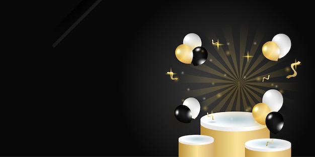 Fondo abstracto de la etapa del podio del oro negro 3D. Plantilla de fondo de patrón de banner de diseño gráfico abstracto de vector.