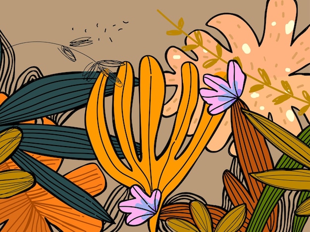 Vector fondo abstracto con flores y hojas tropicales diseño de ilustración vectorial dibujado a mano