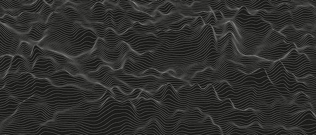 Vector fondo abstracto con formas de línea distorsionadas sobre un fondo negro ondas de línea de sonido monocromáticas