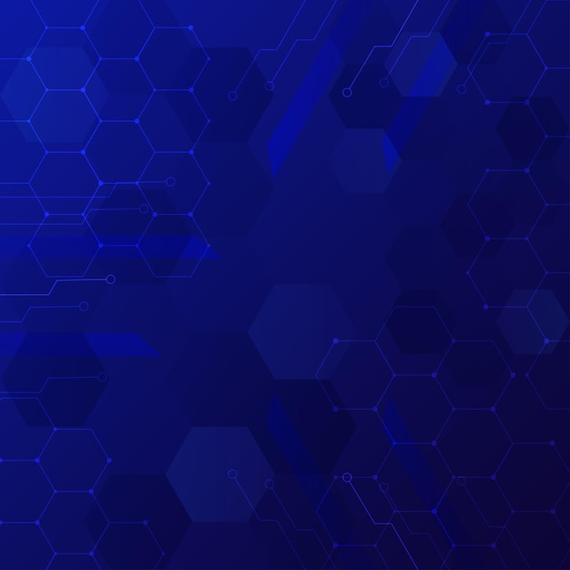 Fondo abstracto futurista de alta tecnología con patrones hexagonales azules y líneas inspiradas en circuitos