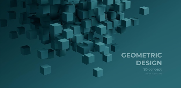 Fondo abstracto geométrico digital moderno del cubo. Cartel realista con estilo con fondo de cubo 3d negro sobre fondo oscuro. Ilustración de vector de tecnología EPS10
