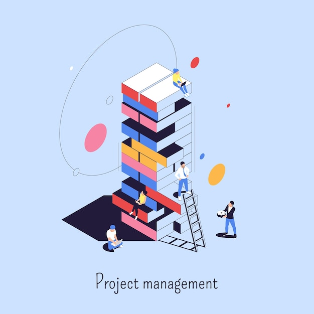 Fondo abstracto de gestión de proyectos con personas pequeñas en una torre alta que consta de elementos sueltos que simbolizan los riesgos comerciales ilustración vectorial isométrica